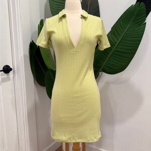 Ribbed Yellow Green Sheath Mini Dress with Plunge Polo Collar